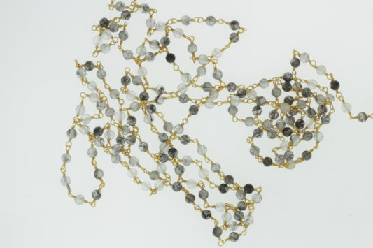 Black Tourmalinated Quartz 3.5mm Faceted Rounds Rosary Chain Sterling Silver with Gold Plating Wire Wrap Chain by the Foot