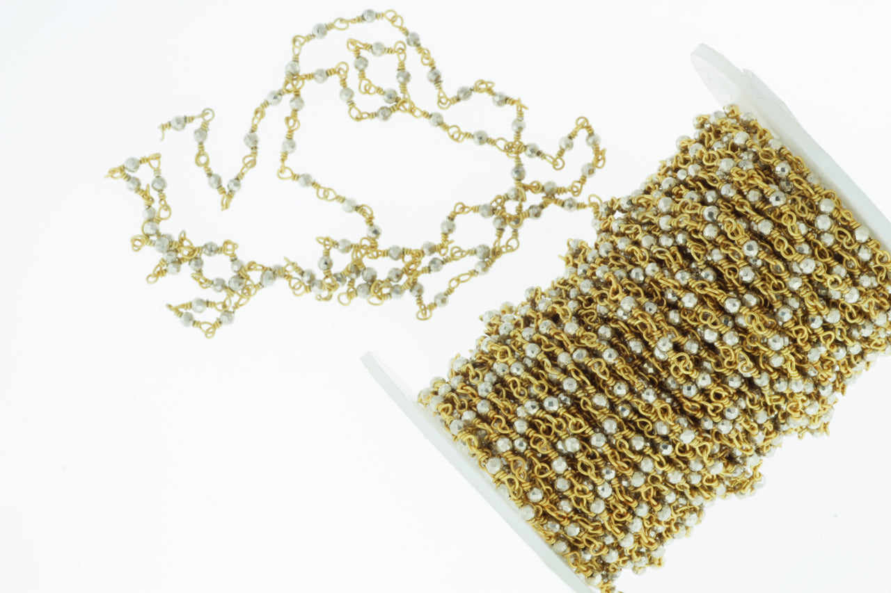 Silver Plated Pyrite 2mm Faceted Rounds Rosary Chain Sterling Silver with Gold Plating Wire Wrap Chain by the Foot