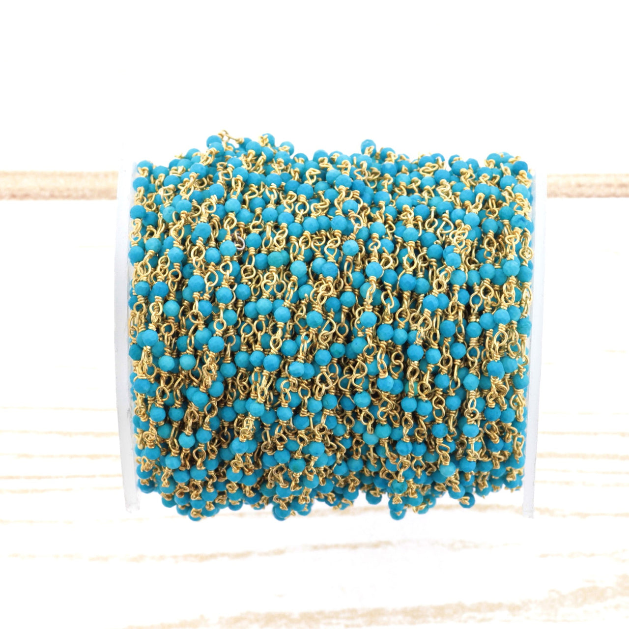 Blue Turquoise (R) 2.5mm Faceted Rounds Rosary Chain Sterling Silver with Gold Plating Wire Wrap Chain by the Foot