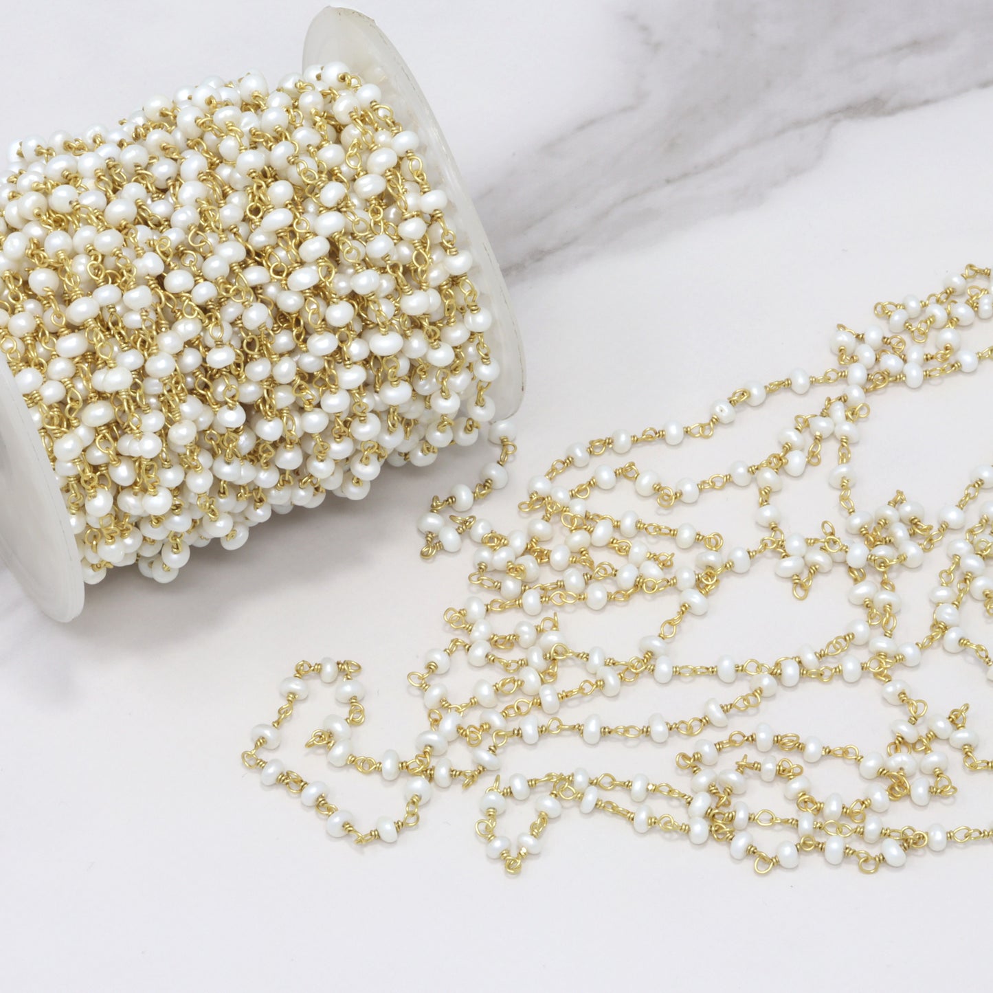 White Freshwater Pearl 3mm Smooth Rondelles Rosary Chain Sterling Silver with Gold Plating Wire Wrap Chain by the Foot