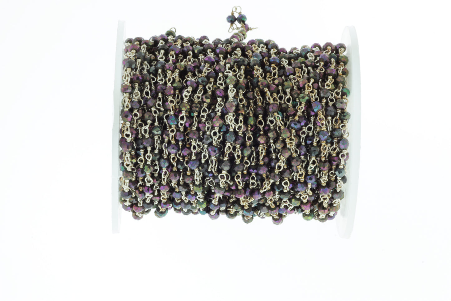 Purple Coated Black Spinel 3mm Faceted Rondelles Rosary Chain Sterling Silver Wire Wrap Chain by the Foot