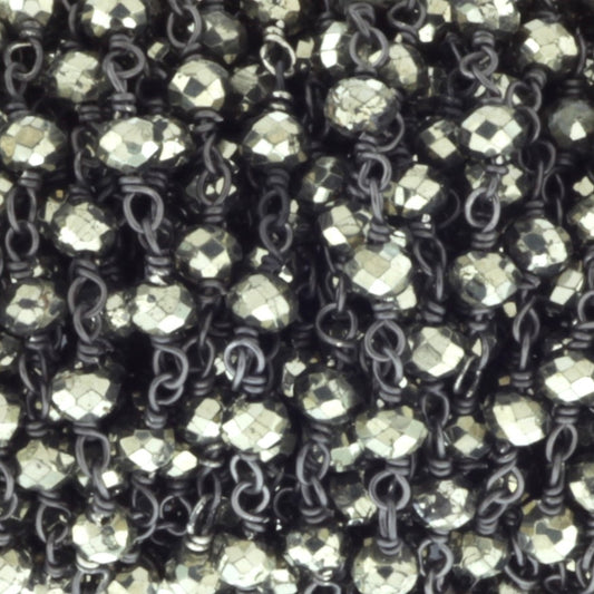Natural Pyrite 4mm Faceted Rondelles Rosary Chain Sterling Silver with Black Rhodium Plating Wire Wrap Chain by the Foot