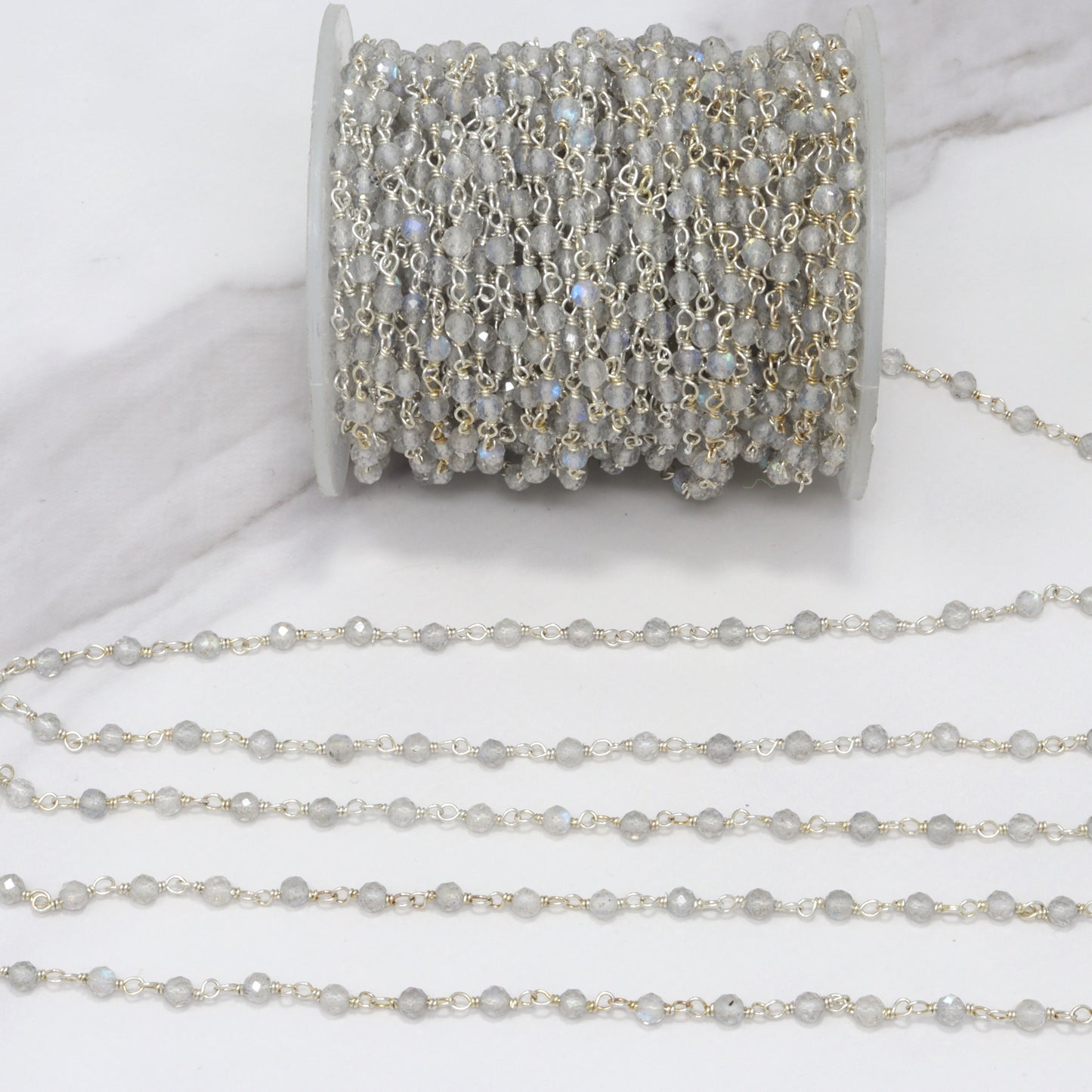 Blue Labradorite 3mm Faceted Rondelles Rosary Chain Sterling Silver Wire Wrap Chain by the Foot