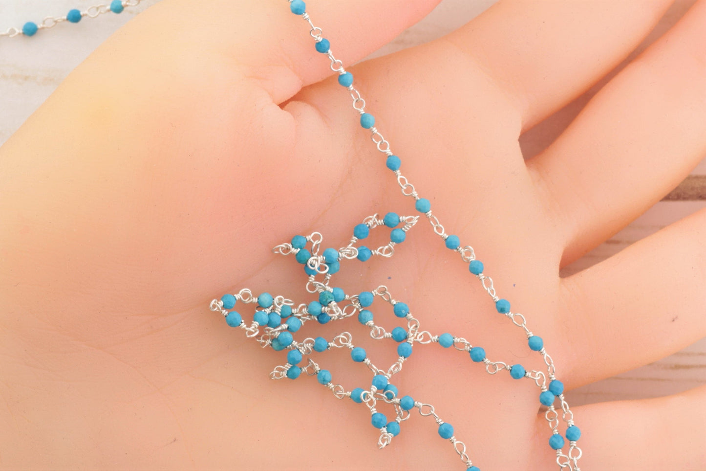 Blue Turquoise (R) 2.5mm Faceted Rounds Rosary Chain Sterling Silver Wire Wrap Chain by the Foot