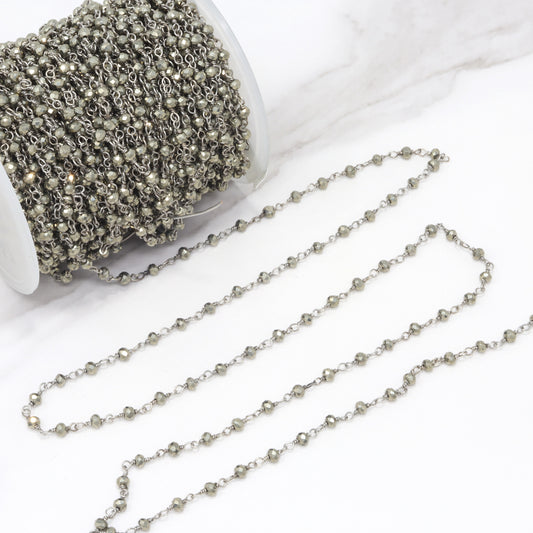 Natural Pyrite 3mm Faceted Rondelles Rosary Chain Sterling Silver Wire Wrap Chain by the Foot