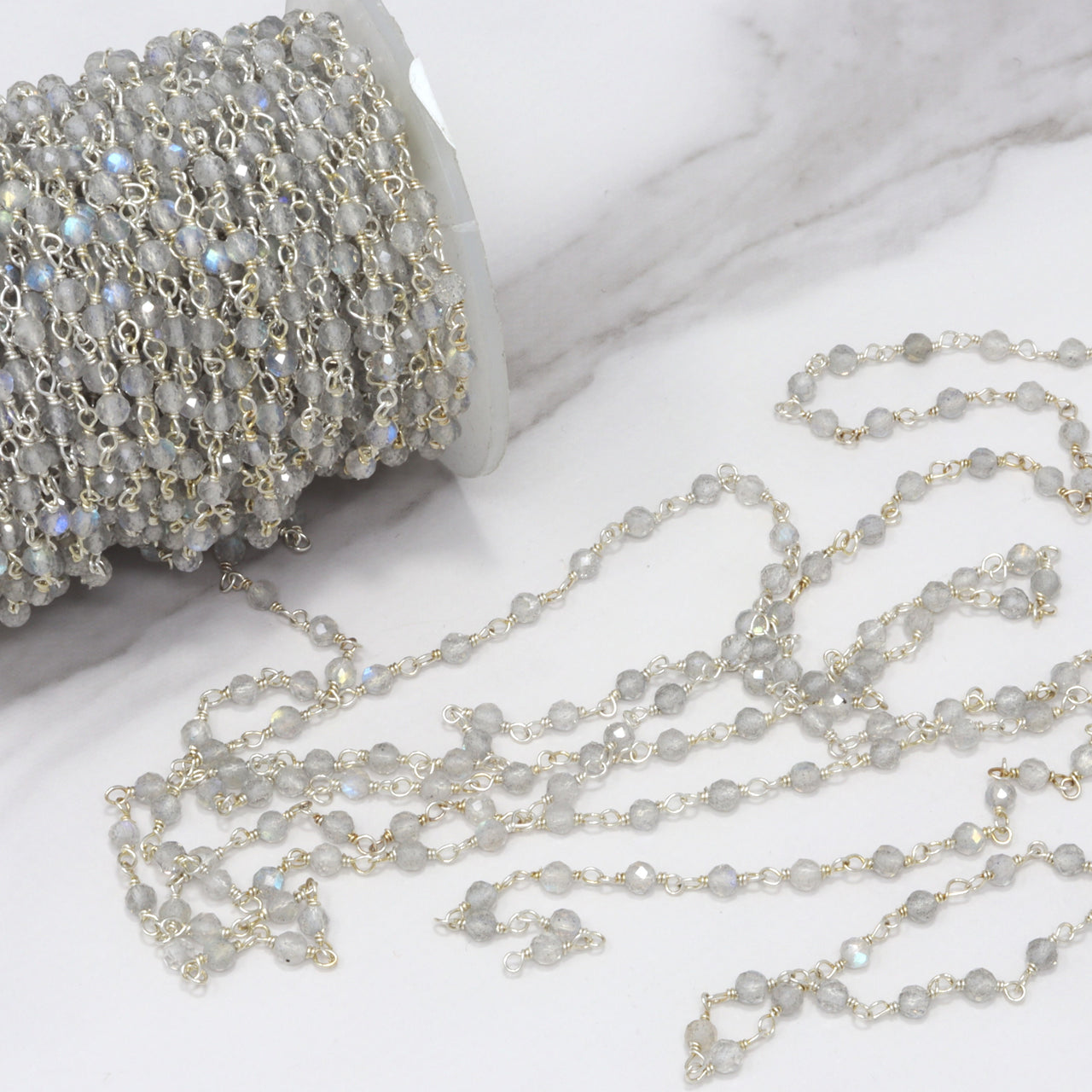 Blue Labradorite 3mm Faceted Rondelles Rosary Chain Sterling Silver Wire Wrap Chain by the Foot