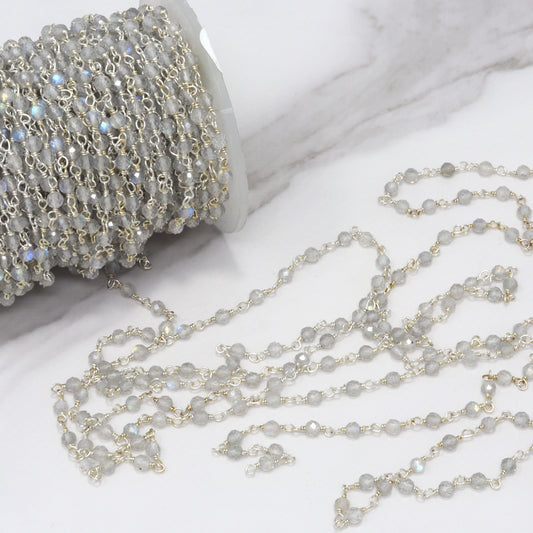 Blue Labradorite 3mm Faceted Rondelles Rosary Chain Sterling Silver Wire Wrap Chain by the Foot