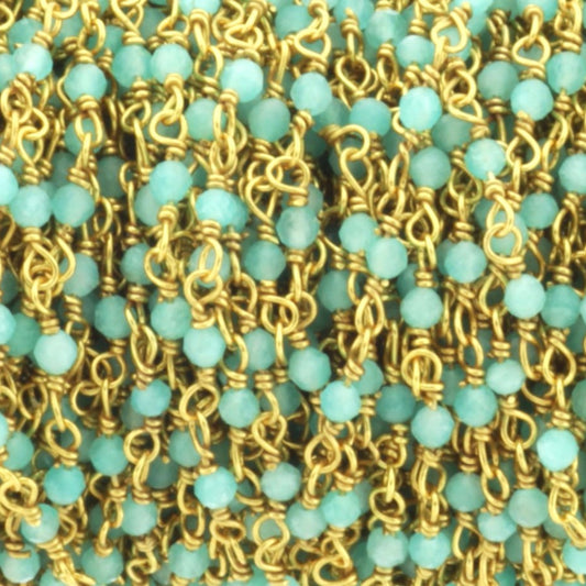 Blue Amazonite 2mm Faceted Rounds Rosary Chain Sterling Silver with Gold Plating Wire Wrap Chain by the Foot
