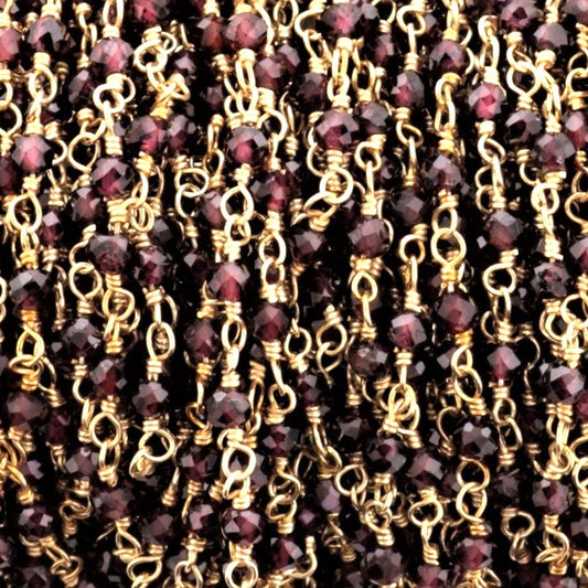 Red Garnet 2mm Faceted Rounds Rosary Chain Sterling Silver with Gold Plating Wire Wrap Chain by the Foot