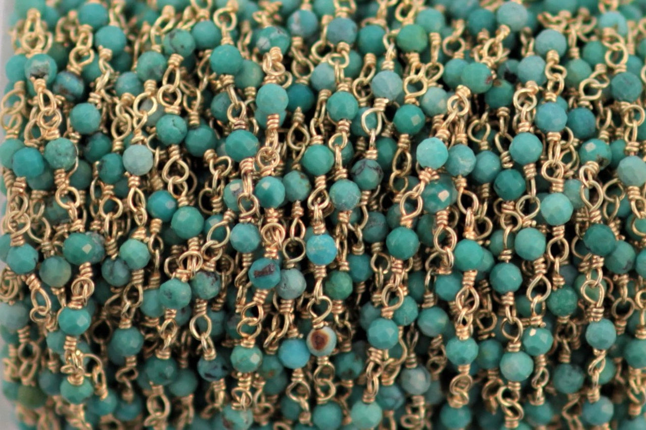 Natural Blue Turquoise 2.5mm Faceted Rounds Rosary Chain Sterling Silver with Gold Plating Wire Wrap Chain by the Foot