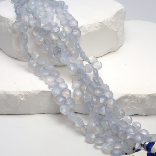 Natural Blue Chalcedony 7mm Faceted Heart Shaped Briolettes Bead Strand
