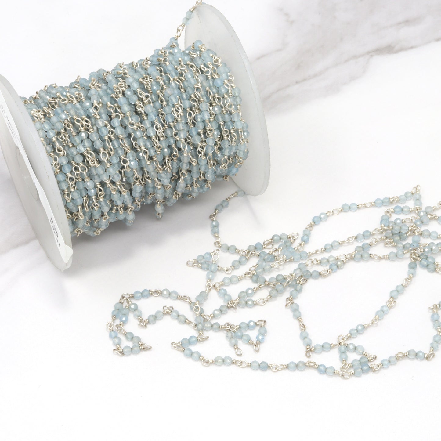 Blue Milky Aquamarine 2.5mm Faceted Rounds Double Bead Rosary Chain Sterling Silver Wire Wrap Chain by the Foot