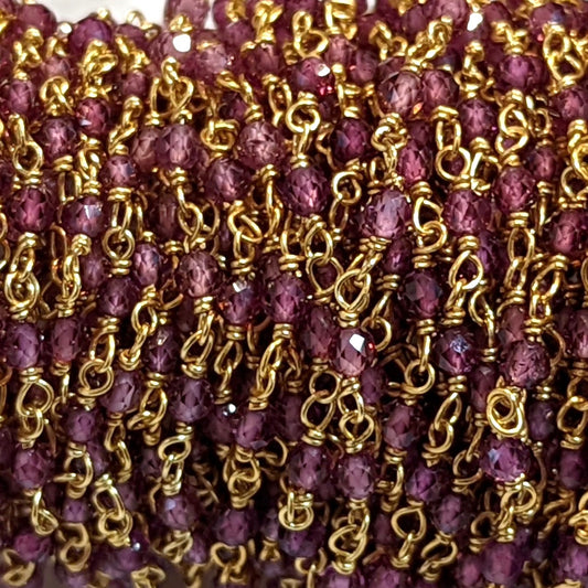 Rhodolite Garnet 2.5mm Faceted Rounds Rosary Chain Sterling Silver with Gold Plating Wire Wrap Chain by the Foot