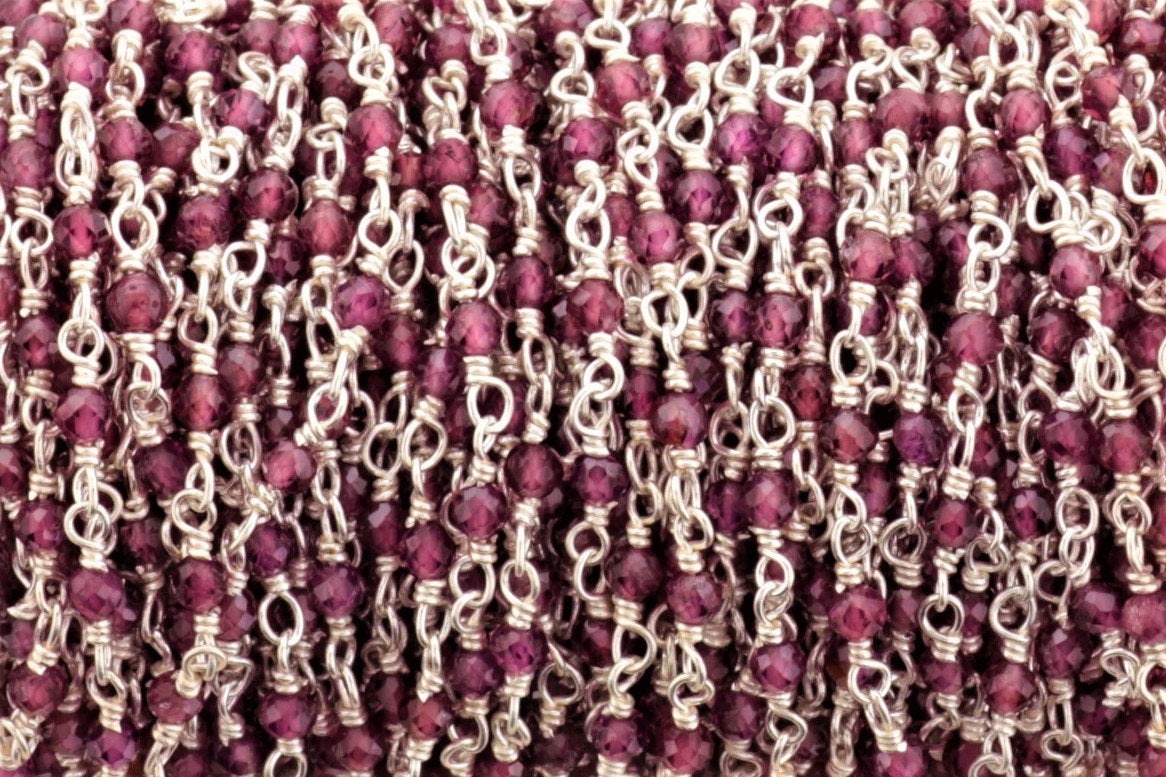 Rhodolite Garnet 2.5mm Faceted Rounds Rosary Chain Sterling Silver Wire Wrap Chain by the Foot