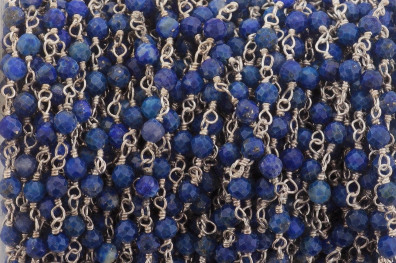 Royal Blue Lapis Lazuli 3mm Faceted Rondelles Rosary Chain Sterling Silver Wire Wrap Chain by the Foot