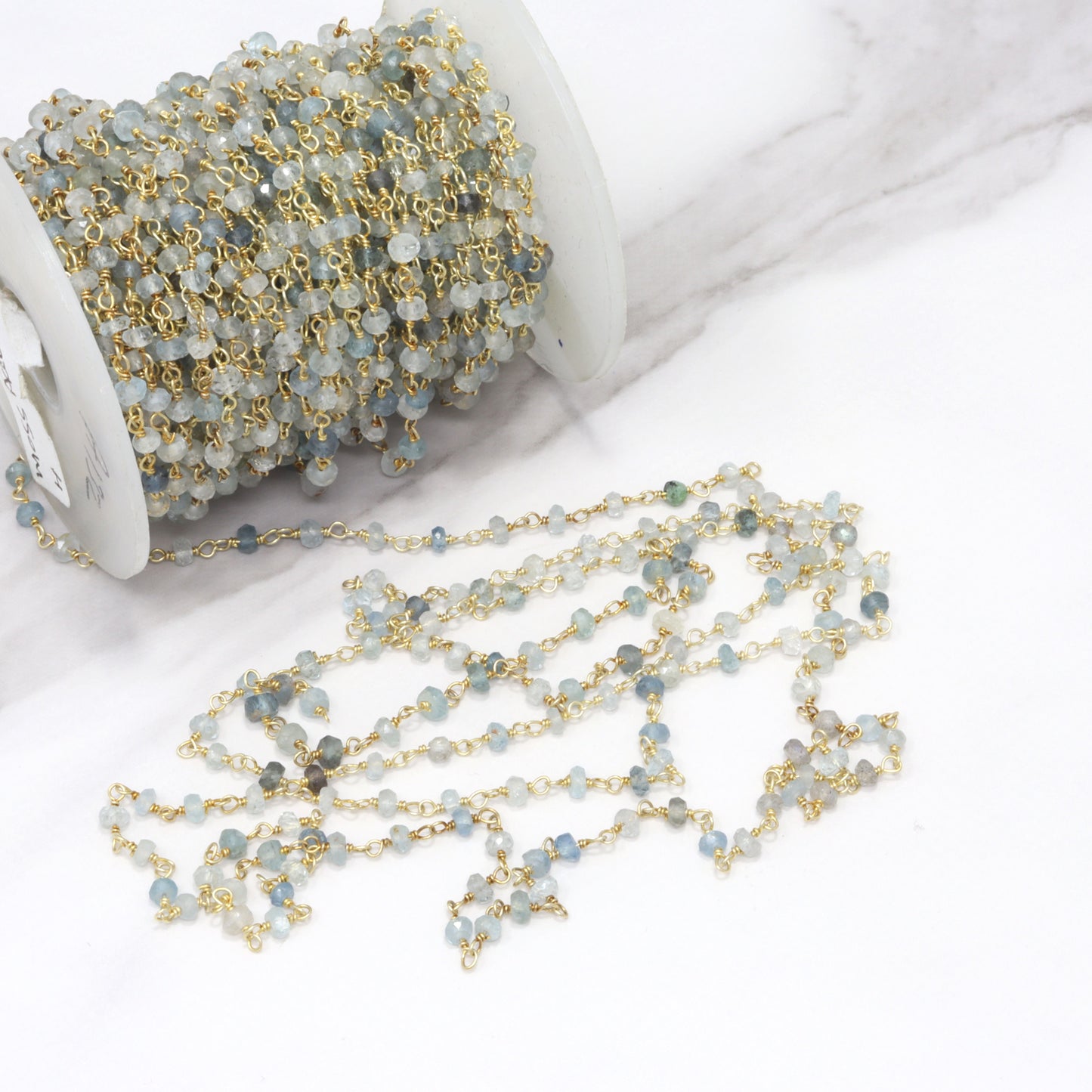 Moss Aquamarine 4mm Faceted Rondelles Rosary Chain Sterling Silver with Gold Plating Wire Wrap Chain by the Foot