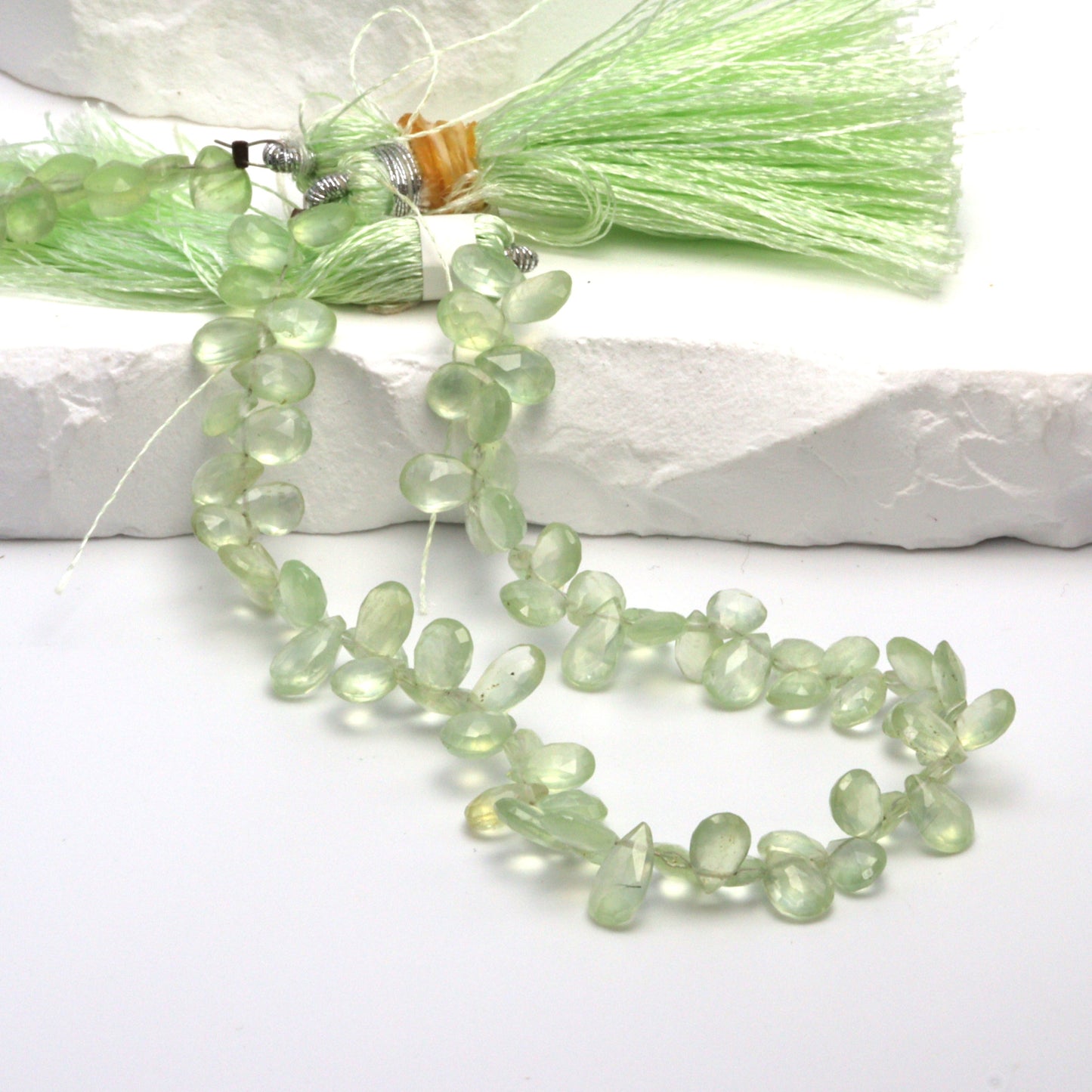 Green Prehnite 7x5mm Faceted Pear Shaped Briolettes