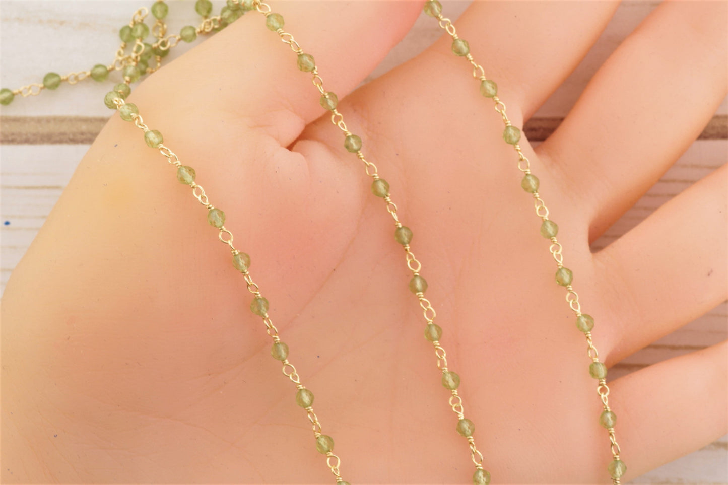 Green Peridot 3mm Faceted Rounds Rosary Chain Sterling Silver with Gold Plating Wire Wrap Chain by the Foot