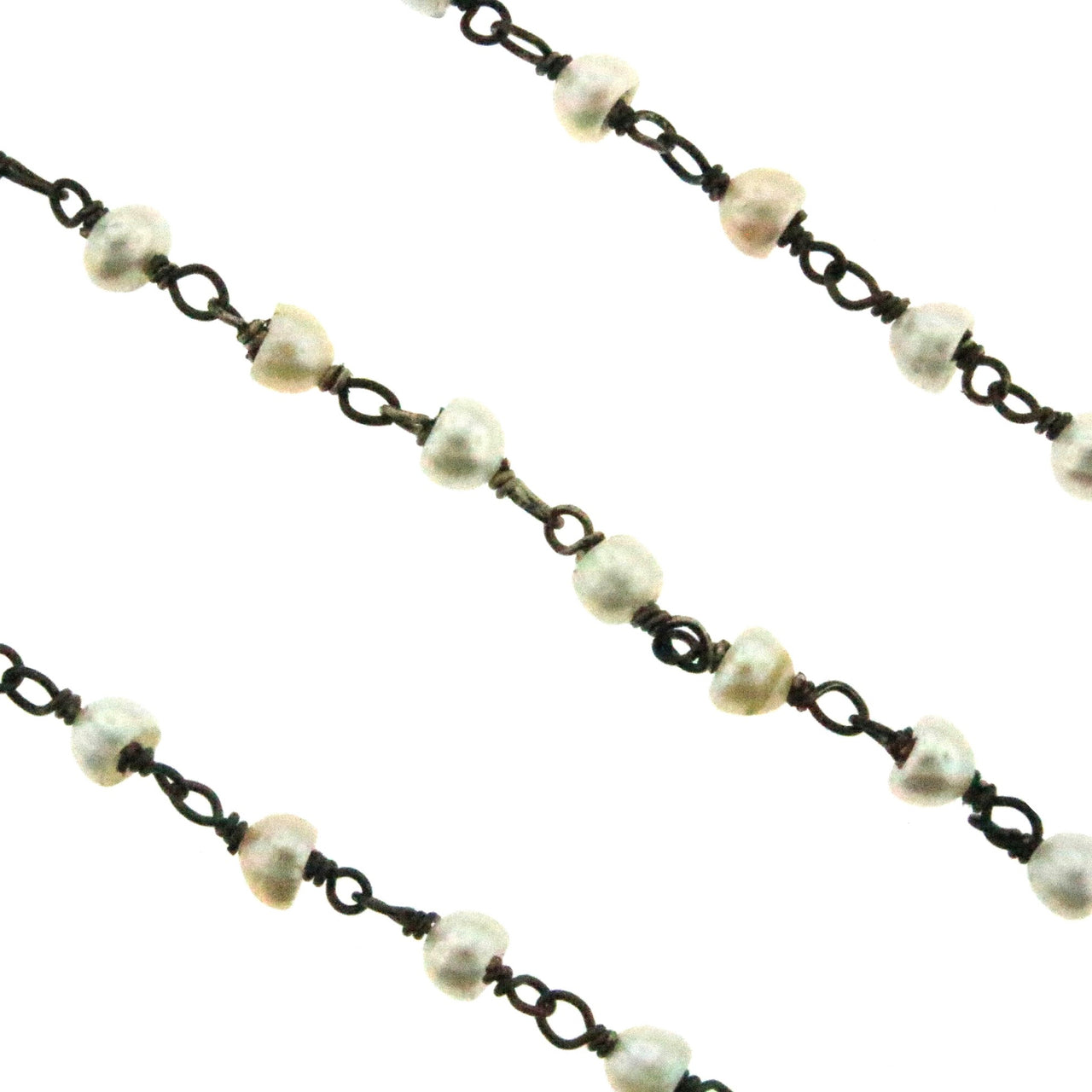 White Freshwater Pearl 3mm Smooth Rondelles Rosary Chain Sterling Silver with Black Rhodium Plating Wire Wrap Chain by the Foot