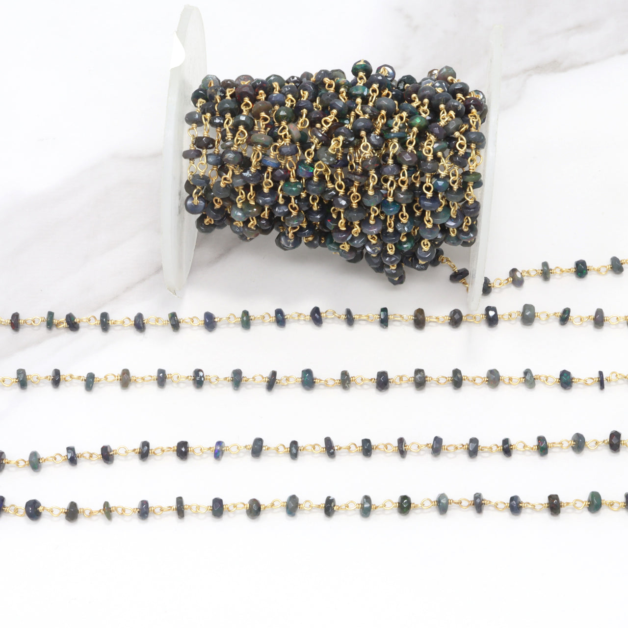Black Ethiopian Opal 4mm Faceted Rondelles Rosary Chain Sterling Silver with Gold Plating Wire Wrap Chain by the Foot