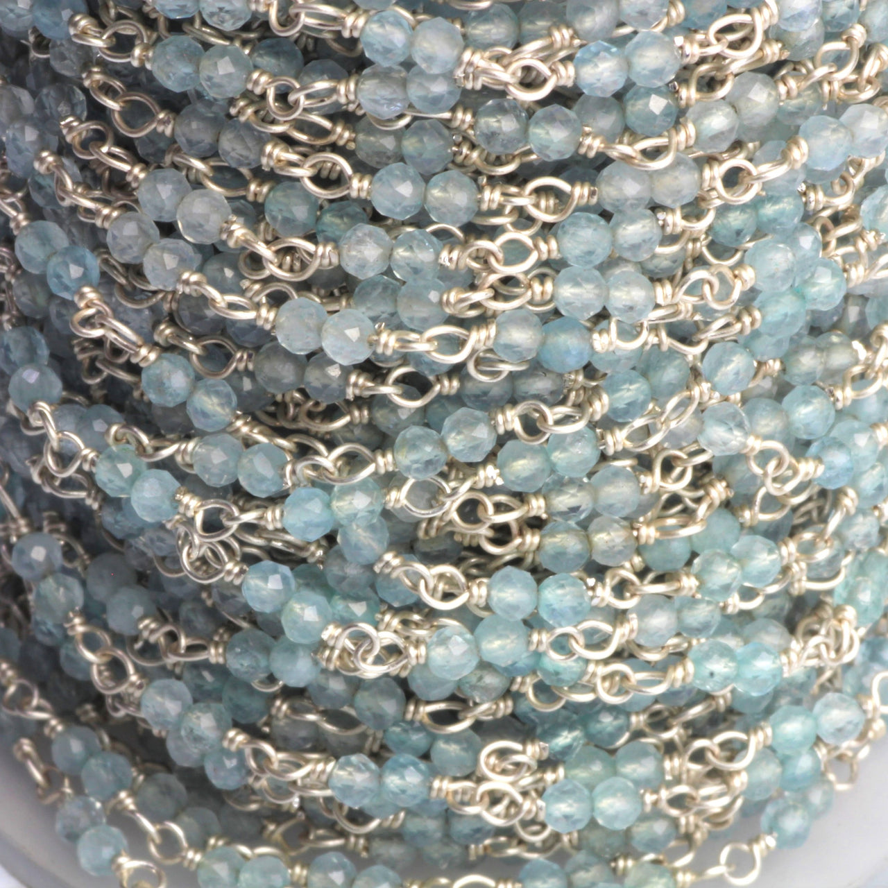 Blue Milky Aquamarine 2.5mm Faceted Rounds Double Bead Rosary Chain Sterling Silver Wire Wrap Chain by the Foot