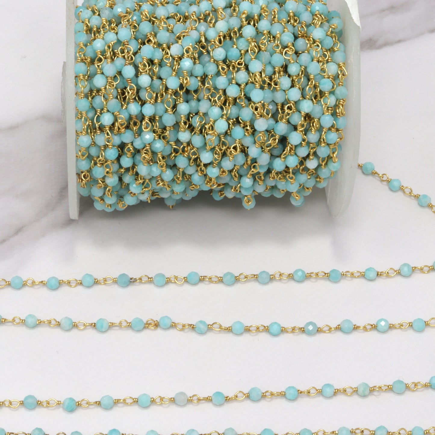 Blue Amazonite 3mm Faceted Rounds Rosary Chain Sterling Silver with Gold Plating Wire Wrap Chain by the Foot