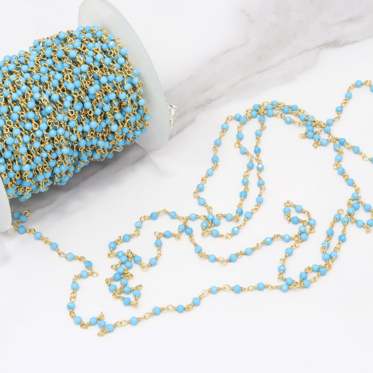 Blue Turquoise (R) 2.5mm Faceted Rounds Rosary Chain Sterling Silver with Gold Plating Wire Wrap Chain by the Foot