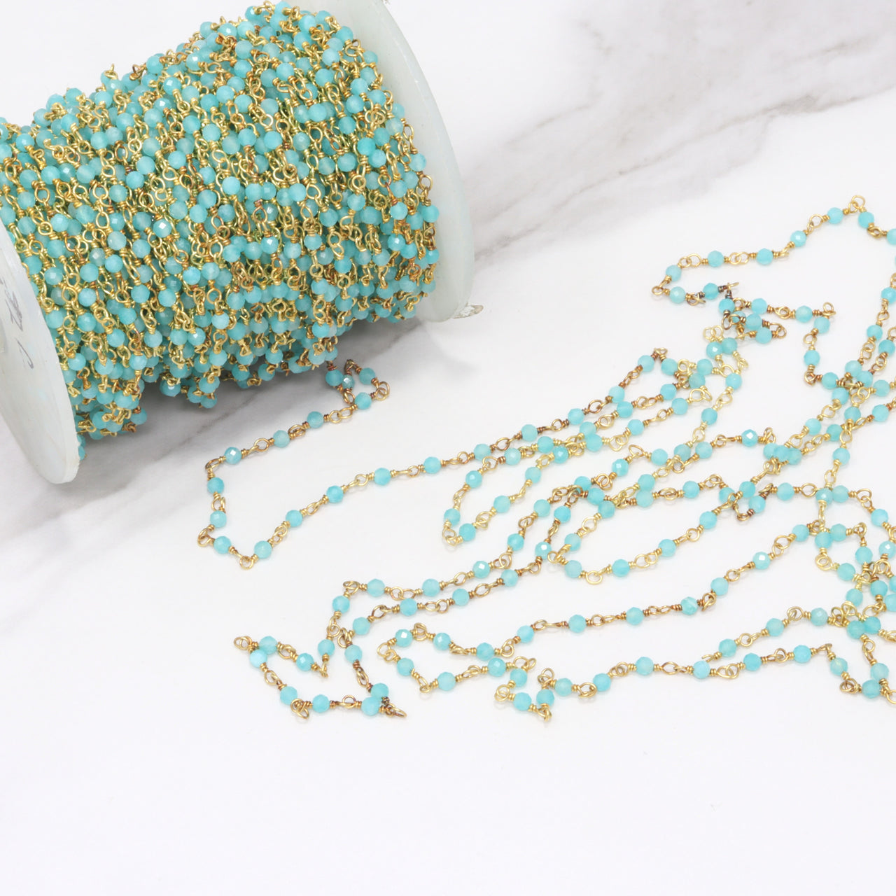 Blue Amazonite 2.5mm Faceted Rounds Rosary Chain Sterling Silver with Gold Plating Wire Wrap Chain by the Foot