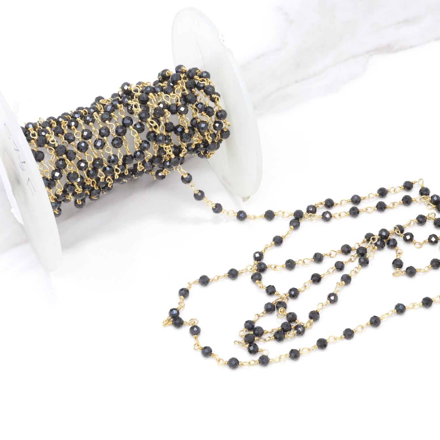 Black Spinel 3mm Faceted Rondelles Rosary Chain Sterling Silver with Gold Plating Wire Wrap Chain by the Foot