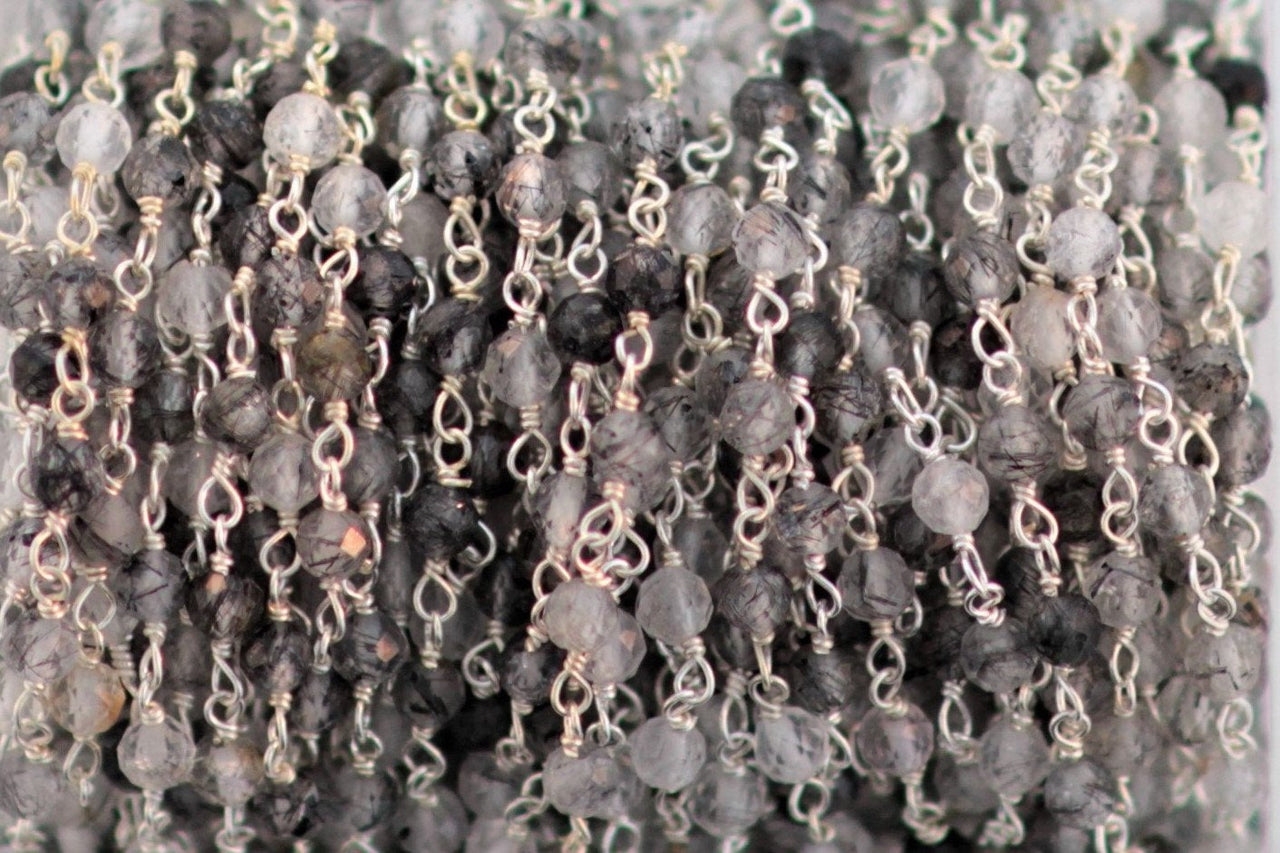 Black Tourmalinated Quartz 3.5mm Faceted Rounds Rosary Chain Sterling Silver Wire Wrap Chain by the Foot