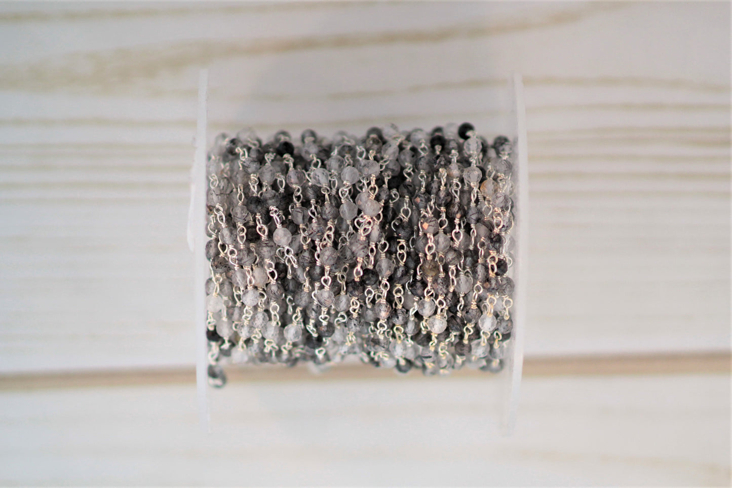 Black Tourmalinated Quartz 3.5mm Faceted Rounds Rosary Chain Sterling Silver Wire Wrap Chain by the Foot