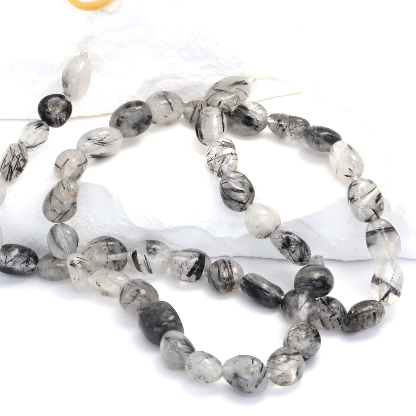 Black Tourmalinated Quartz 8x6mm Smooth Nuggets Bead Strand