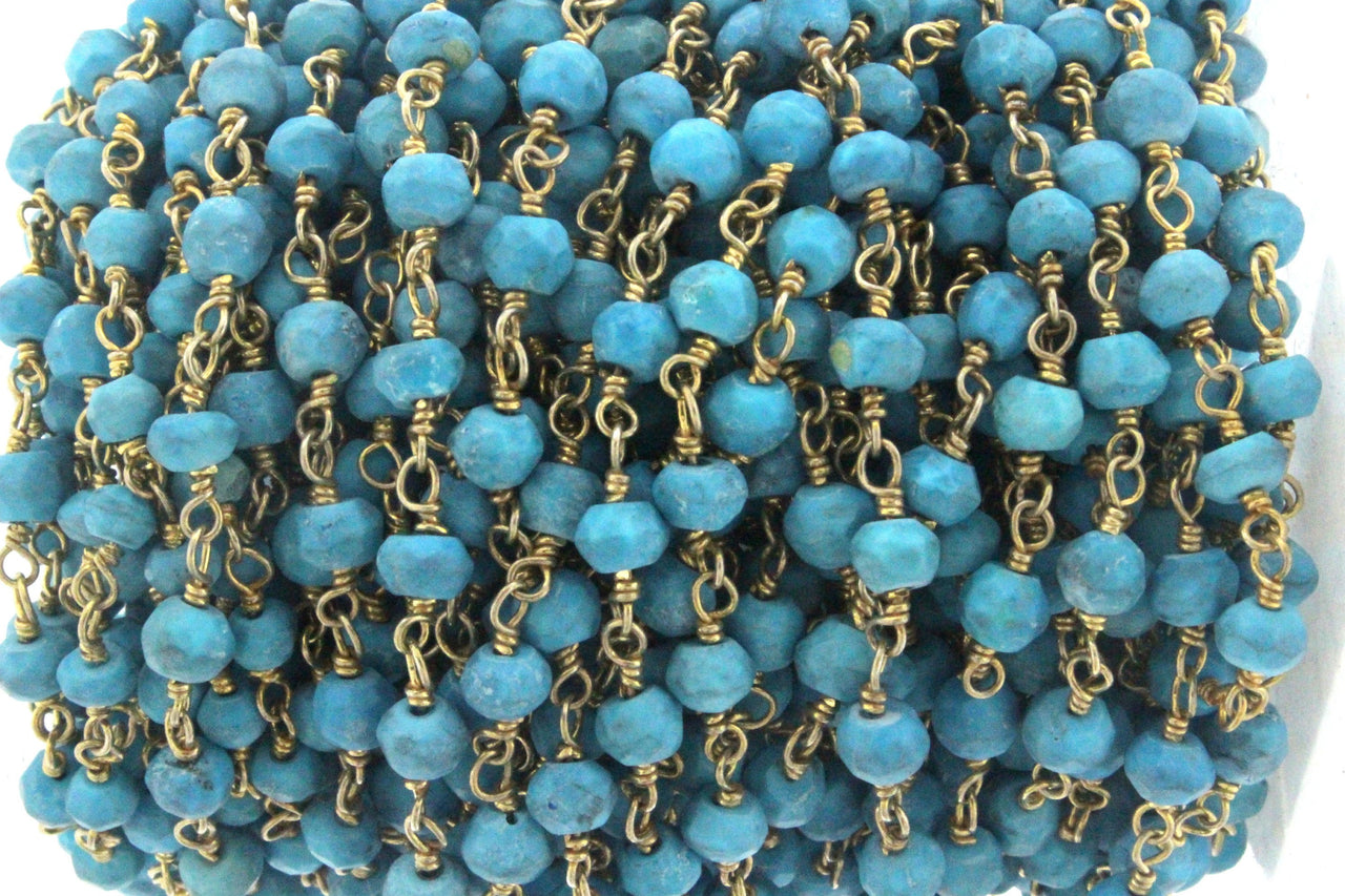 Blue Turquoise (R) 4mm Faceted Rondelles Rosary Chain Sterling Silver with Gold Plating Wire Wrap Chain by the Foot