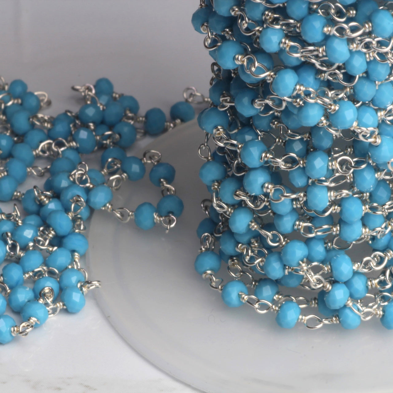 Blue Turquoise (R) 3mm Faceted Rondelles Rosary Chain Sterling Silver Wire Wrap Chain by the Foot