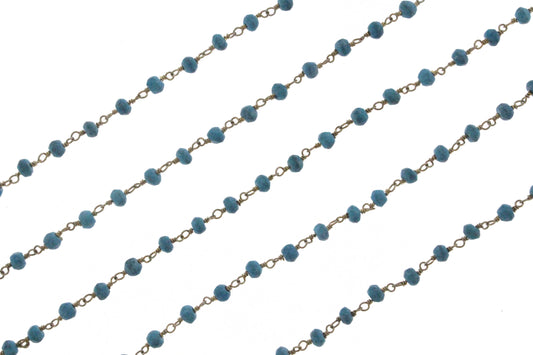 Blue Turquoise (R) 4mm Faceted Rondelles Rosary Chain Sterling Silver with Gold Plating Wire Wrap Chain by the Foot