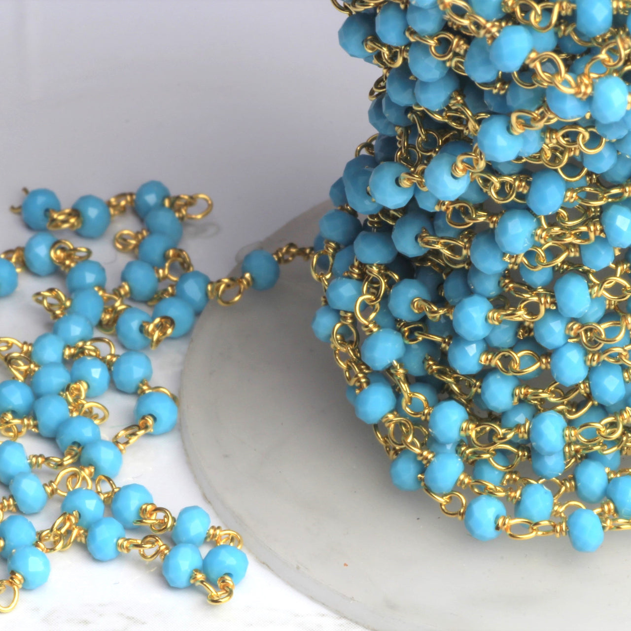 Blue Turquoise (R) 3mm Faceted Rondelles Rosary Chain Sterling Silver with Gold Plating Wire Wrap Chain by the Foot