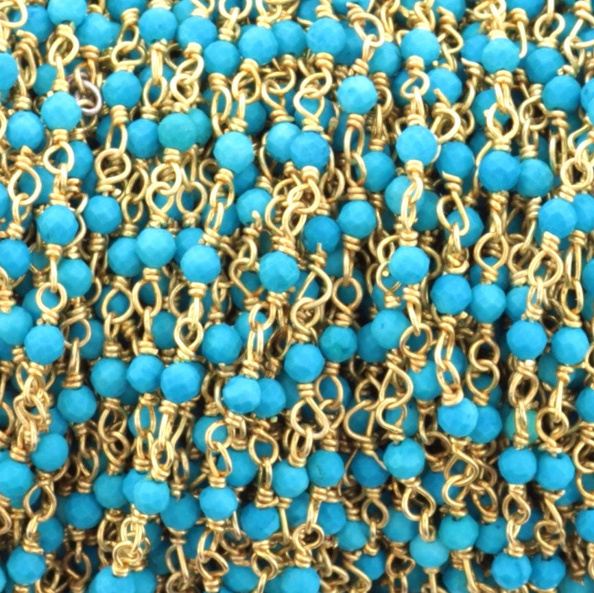 Blue Turquoise (R) 2.5mm Faceted Rounds Rosary Chain Sterling Silver with Gold Plating Wire Wrap Chain by the Foot