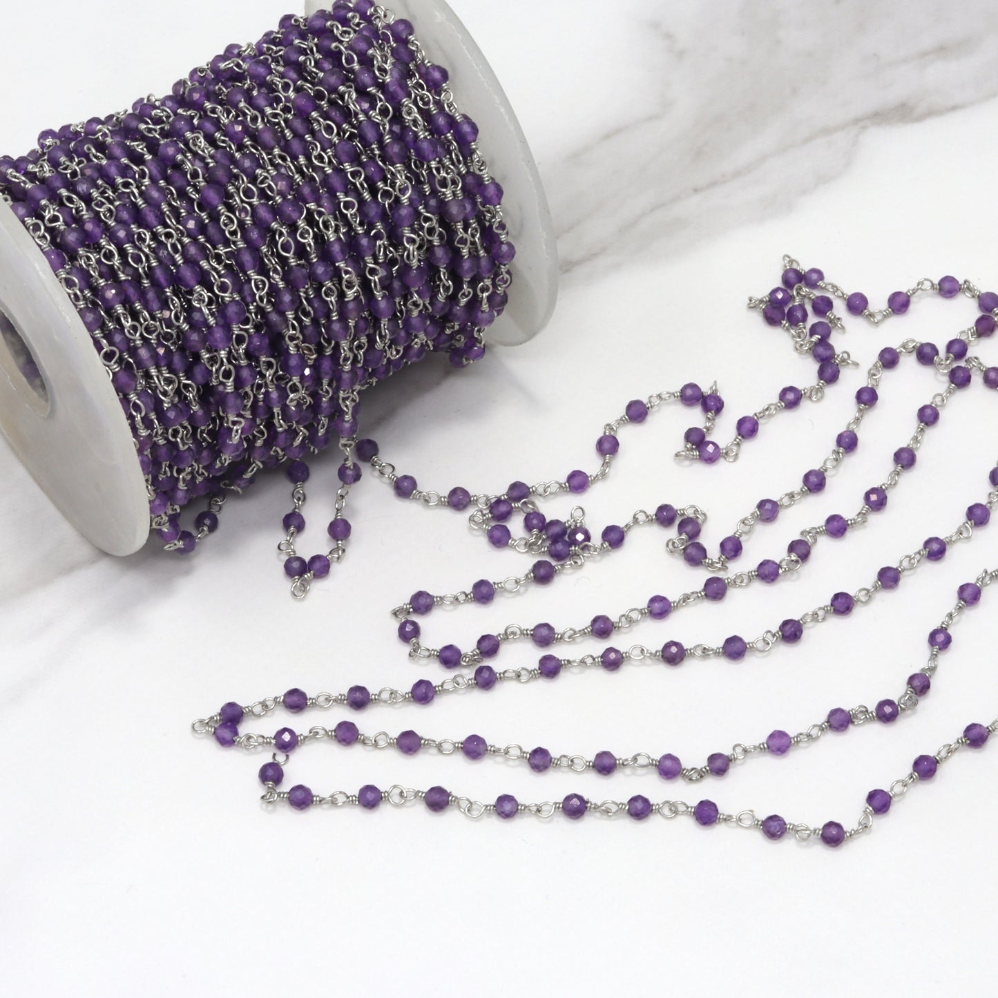 Purple Amethyst 2.5mm Faceted Rounds Rosary Chain Sterling Silver Wire Wrap Chain by the Foot