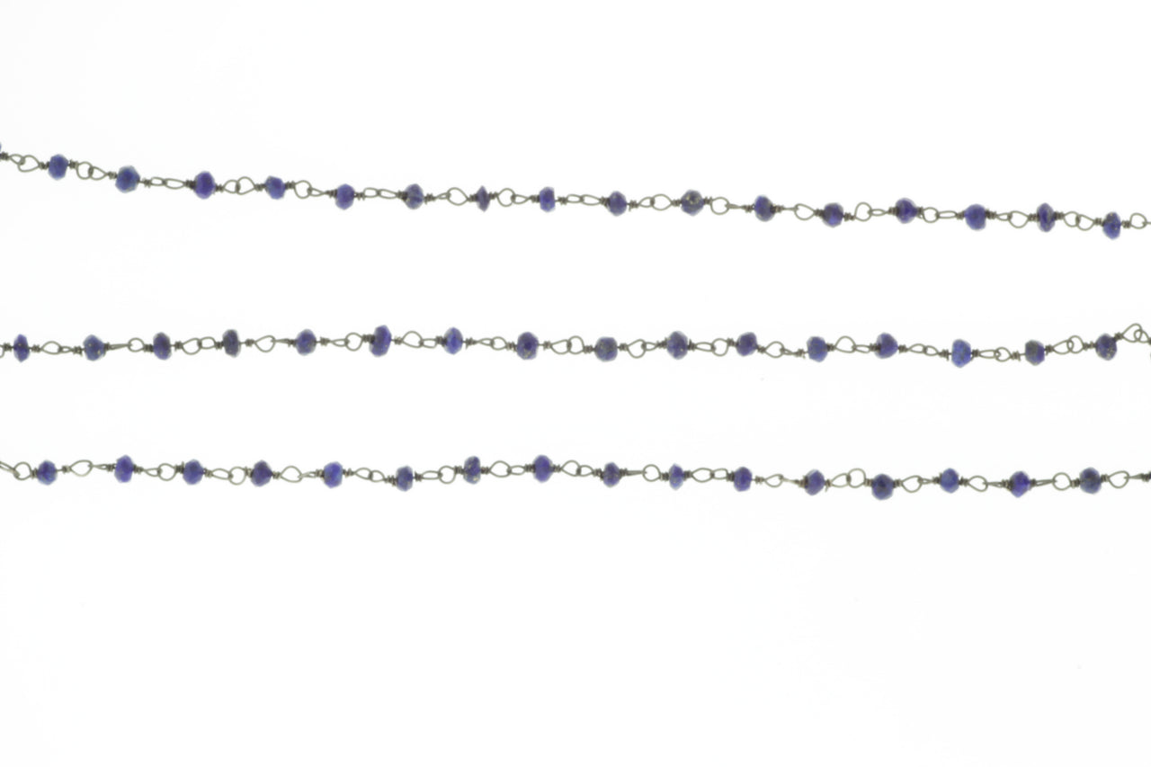 Dark Blue Lapis Lazuli 3mm Faceted Rondelles Rosary Chain Sterling Silver with Black Rhodium Plating Wire Wrap Chain by the Foot