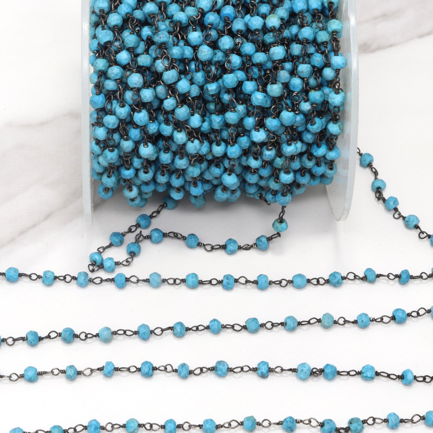 Blue Turquoise (R) 4mm Faceted Rondelles Rosary Chain Sterling Silver with Black Rhodium Plating Wire Wrap Chain by the Foot