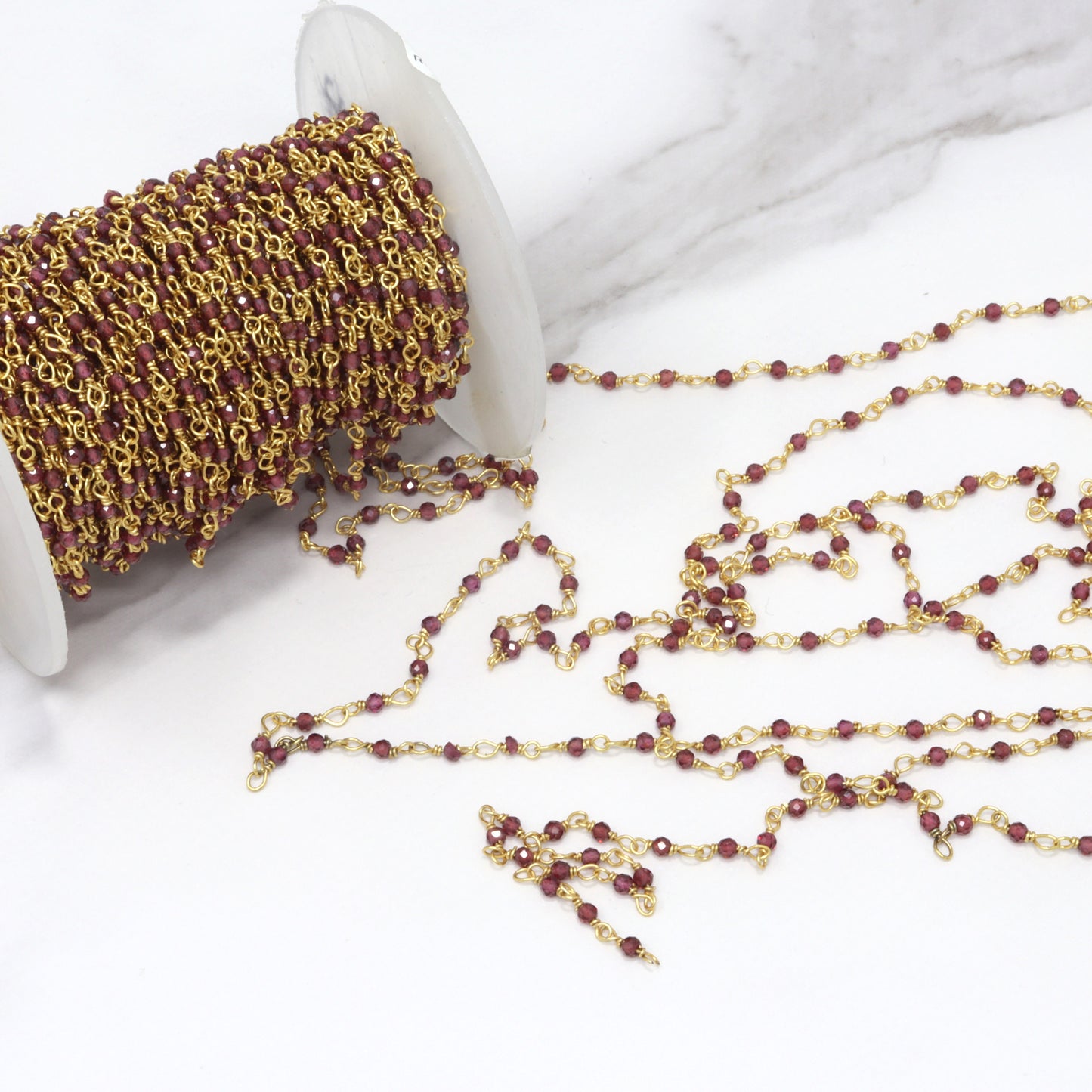 Red Garnet 2mm Faceted Rounds Rosary Chain Sterling Silver with Gold Plating Wire Wrap Chain by the Foot