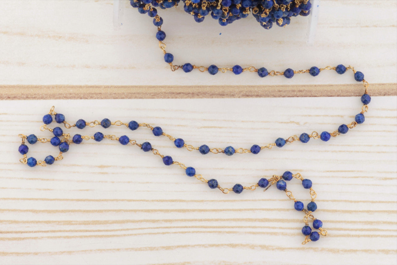 Royal Blue Lapis Lazuli 3.25mm Faceted Rondelles Rosary Chain Sterling Silver with Gold Plating Wire Wrap Chain by the Foot