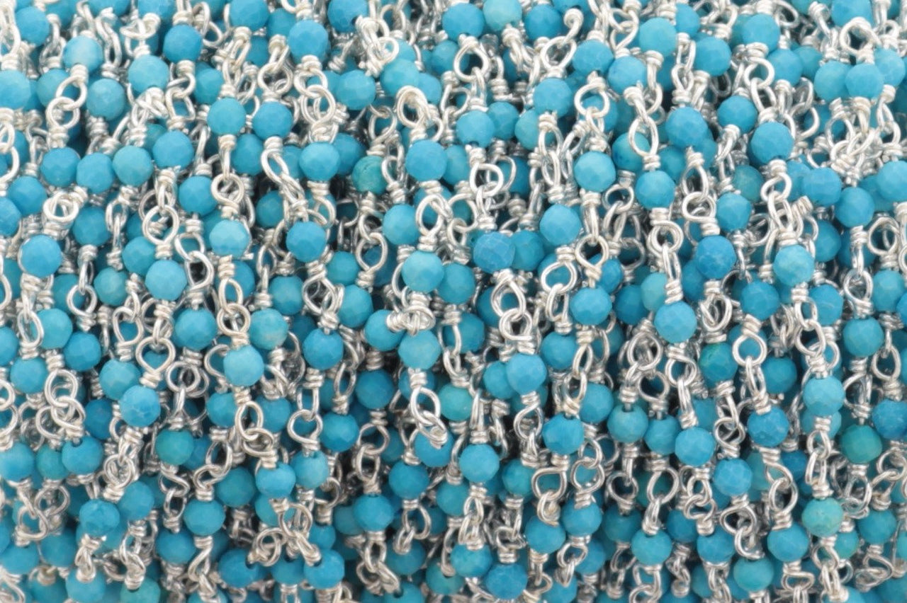 Blue Turquoise (R) 2.5mm Faceted Rounds Rosary Chain Sterling Silver Wire Wrap Chain by the Foot