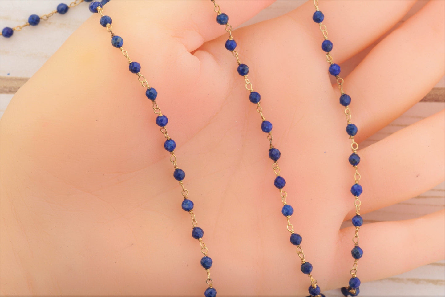 Royal Blue Lapis Lazuli 3.25mm Faceted Rondelles Rosary Chain Sterling Silver with Gold Plating Wire Wrap Chain by the Foot