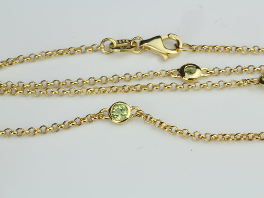 By the Yard Station Necklace with Floating Bezel Green Peridot Sterling Silver with Gold Plating 18 inch