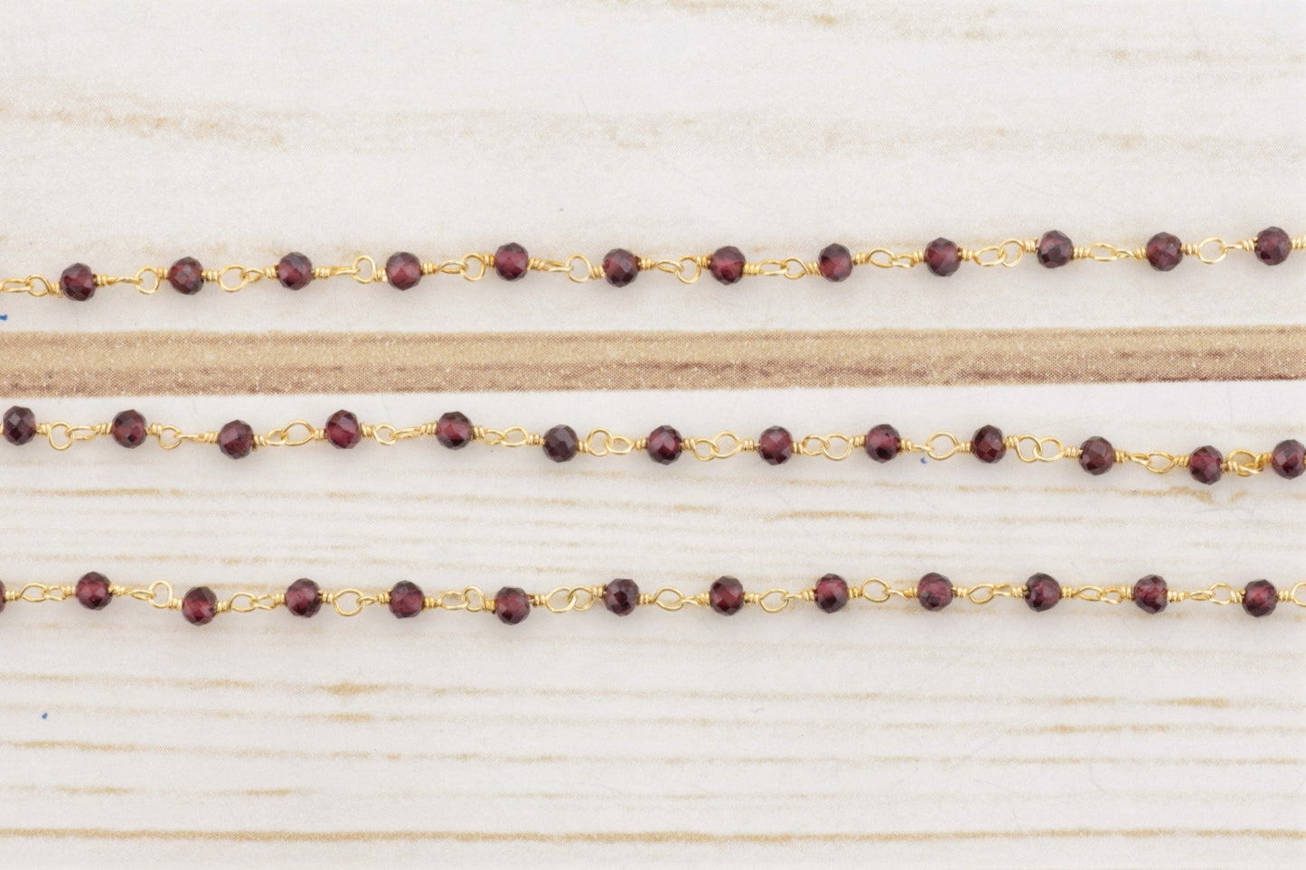 Red Garnet 2.5mm Faceted Rondelles Rosary Chain Sterling Silver with Gold Plating Wire Wrap Chain by the Foot