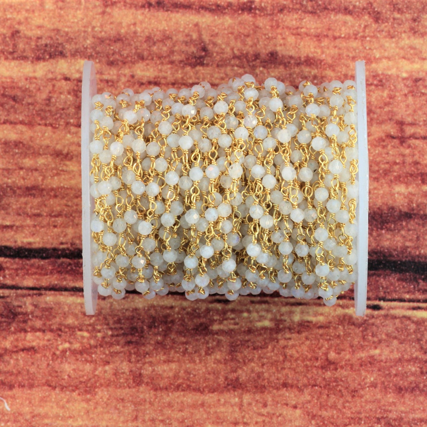 Blue Rainbow Moonstone 3mm Faceted Rounds Rosary Chain Sterling Silver with Gold Plating Wire Wrap Chain by the Foot