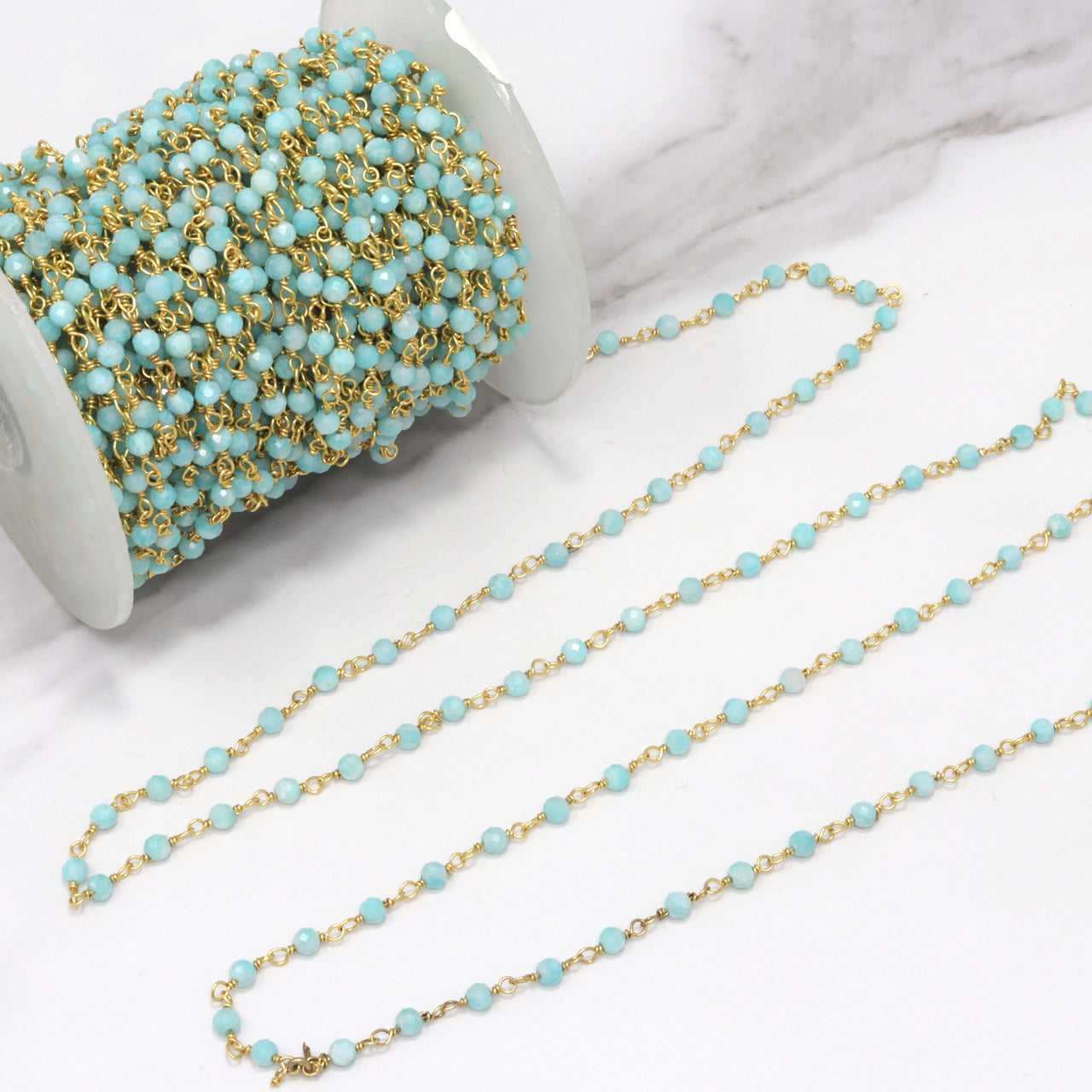 Blue Amazonite 3mm Faceted Rounds Rosary Chain Sterling Silver with Gold Plating Wire Wrap Chain by the Foot