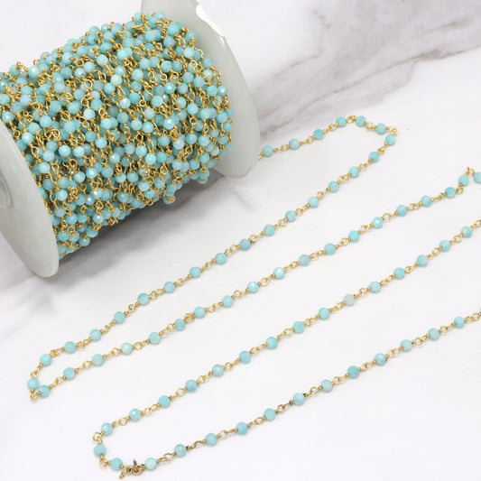 Blue Amazonite 3mm Faceted Rounds Rosary Chain Sterling Silver with Gold Plating Wire Wrap Chain by the Foot