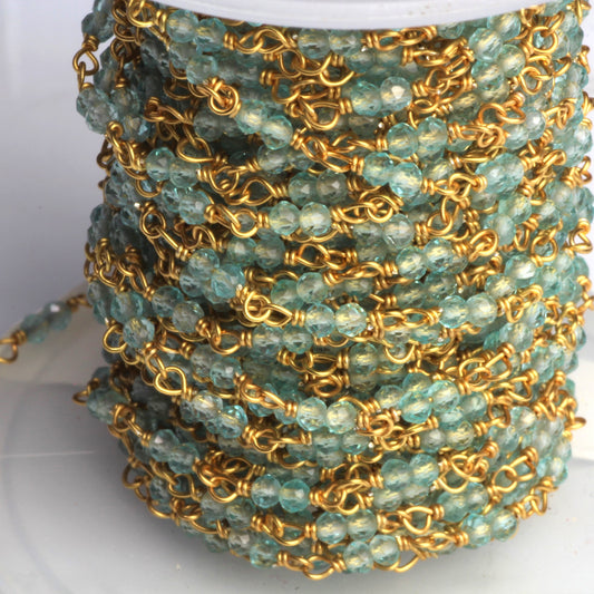 Sea Blue Apatite 2.5mm Faceted Rounds Rosary Chain Sterling Silver with Gold Plating Double Bead Wire Wrap Chain by the Foot
